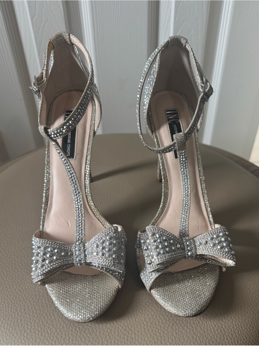 INC International Concepts Silver & Gold T-Strap Bow Heels